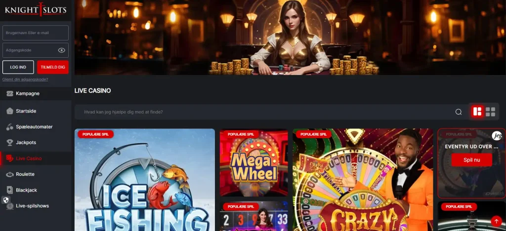 Knightslots live casino lobby på den danske side