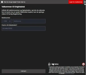 Knightslots registrerings- eller login-side på den officielle danske hjemmeside