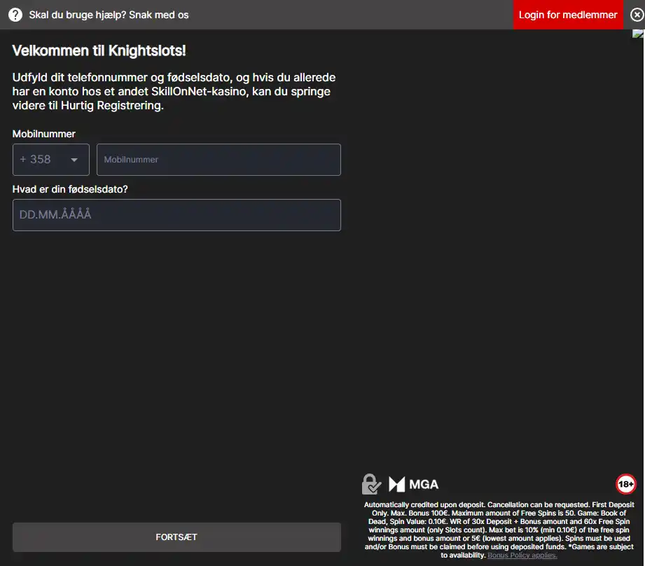 Knightslots registrerings- eller login-side på den officielle danske hjemmeside