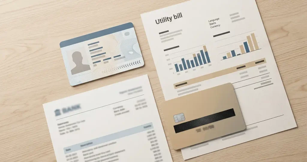 Neutral illustration af KYC med ID, adressebevis og delvist skjult bankkort