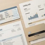 Neutral illustration af KYC med ID, adressebevis og delvist skjult bankkort