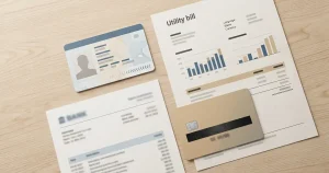 Neutral illustration af KYC med ID, adressebevis og delvist skjult bankkort