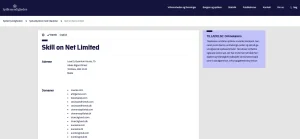 Skærmbillede af Spillemyndighedens side for Skill on Net Limited med knightslots.com blandt domænerne