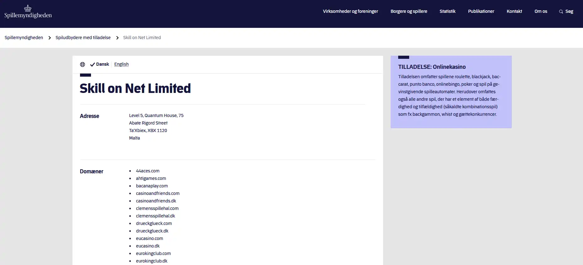 Spillemyndighedens registrering af Skill On Net Limited